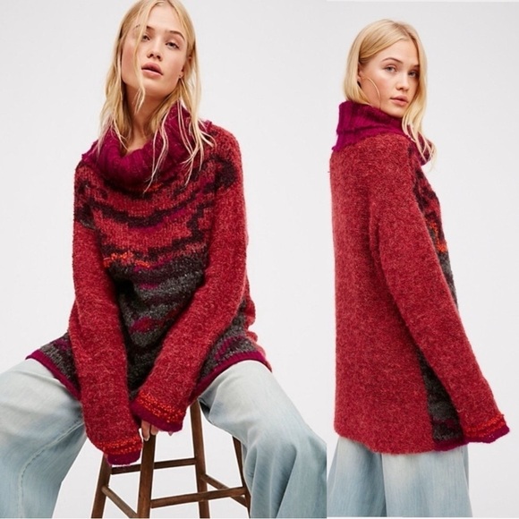 Free People Oversized Chunky Knit Tiger Eye Turtleneck Medium Wool Alpaca Mohair - Picture 1 of 13